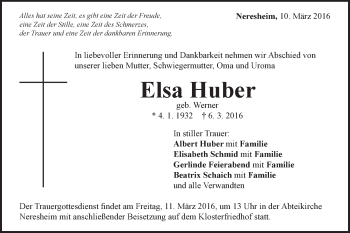 Traueranzeige von Elsa Huber von Schwäbische Post