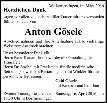 Traueranzeige von Anton Gösele von Schwäbische Post