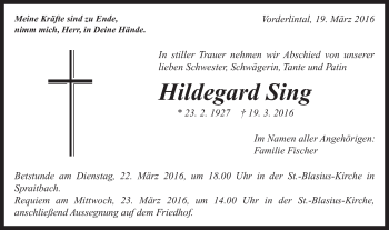 Traueranzeige von Hildegard Sing von Gmünder Tagespost
