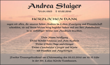 Traueranzeige von Andrea Staiger von Schwäbische Post