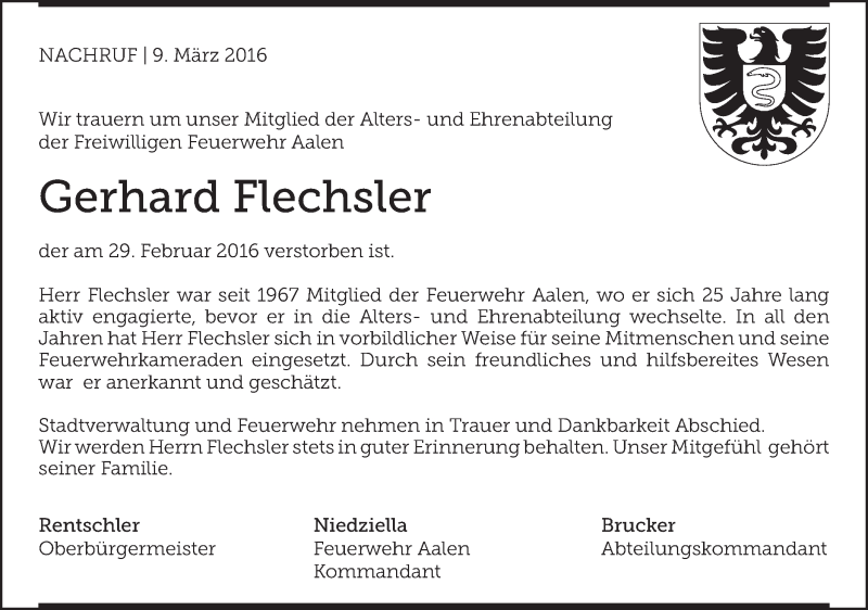  Traueranzeige für Gerhard Flechsler vom 09.03.2016 aus Schwäbische Post