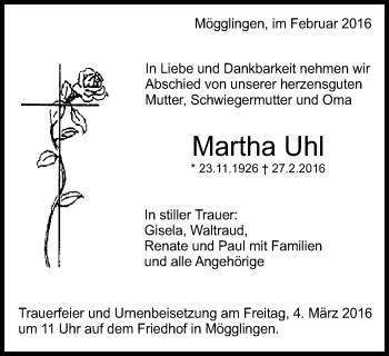 Traueranzeige von Martha Uhl von Gmünder Tagespost