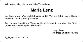 Traueranzeige von Maria Lenz von Gmünder Tagespost