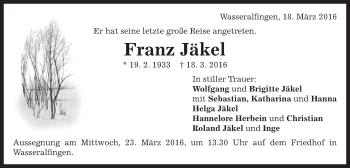Traueranzeige von Franz Jäkel von Schwäbische Post