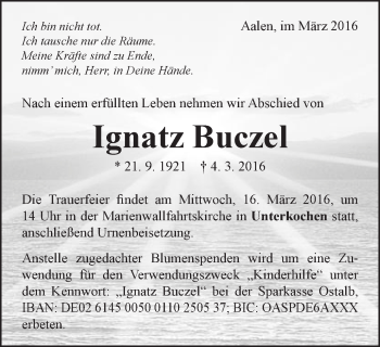 Traueranzeige von Ignatz Buczel von Schwäbische Post