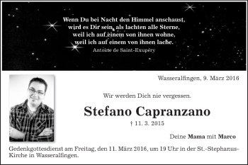 Traueranzeige von Stefano Capranzano von Schwäbische Post