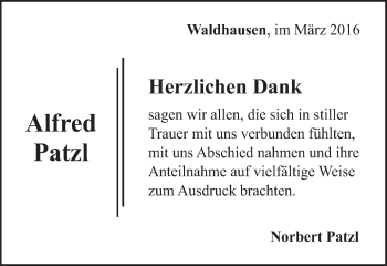 Traueranzeige von Alfred Patzl von Gmünder Tagespost