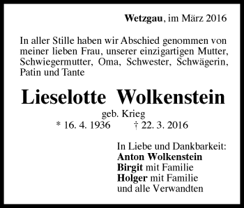 Traueranzeige von Lieselotte Wolkenstein von Gmünder Tagespost
