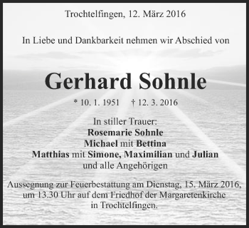 Traueranzeige von Gerhard Sohnle von Schwäbische Post