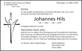 Traueranzeige von Johannes Hils von Schwäbische Post
