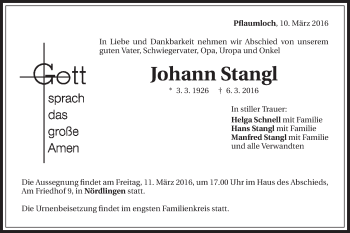 Traueranzeige von Johann Stangl von Schwäbische Post