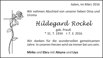 Traueranzeige von Hildegard Rockel von Schwäbische Post