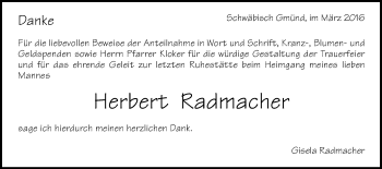 Traueranzeige von Herbert Radmacher von Gmünder Tagespost