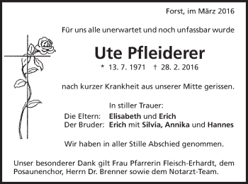 Traueranzeige von Ute Pfleiderer von Schwäbische Post