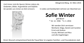 Traueranzeige von Sofie Winter von Kocher-Lein-Bote