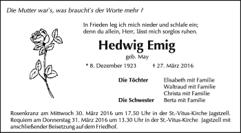 Traueranzeige von Hedwig Emig von Schwäbische Post