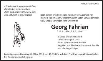 Traueranzeige von Georg Fahrian von Schwäbische Post