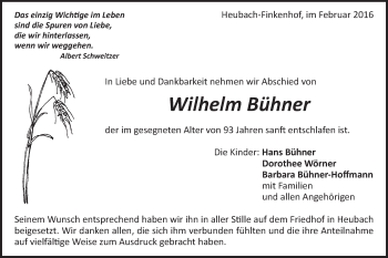 Traueranzeige von Wilhelm Bühner von Gmünder Tagespost