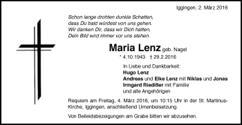 Traueranzeige von Maria Lenz von Gmünder Tagespost