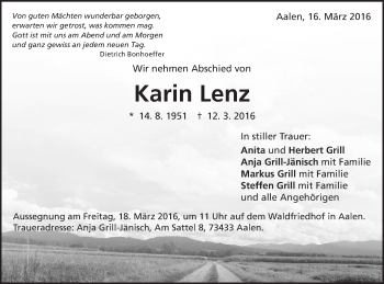 Traueranzeige von Karin Lenz von Schwäbische Post