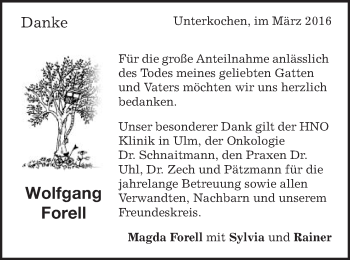 Traueranzeige von Wolfgang Forell von Schwäbische Post