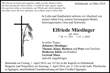 Traueranzeige von Elfriede Mieslinger von Gmünder Tagespost
