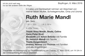 Traueranzeige von Ruth Marie Mandl von Schwäbische Post