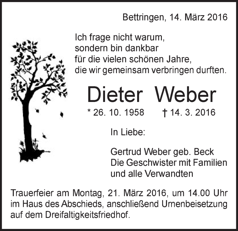  Traueranzeige für Dieter Weber vom 17.03.2016 aus Gmünder Tagespost