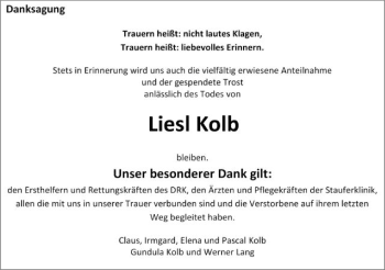Traueranzeige von Liesl Kolb von Gmünder Tagespost