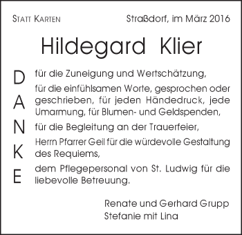 Traueranzeige von Hildegard Klier von Gmünder Tagespost