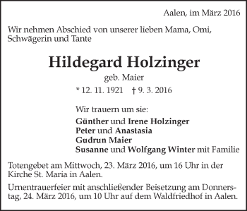 Traueranzeige von Hildegard Holzinger von Schwäbische Post