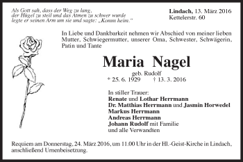Traueranzeige von Maria Nagel von Gmünder Tagespost