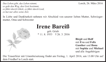 Traueranzeige von Irene Bareiß von Gmünder Tagespost