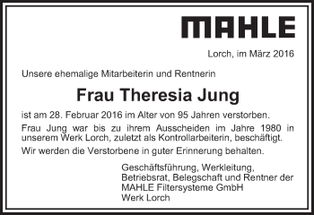 Traueranzeige von Theresia Jung von Gmünder Tagespost
