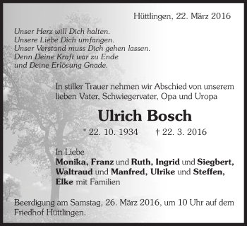 Traueranzeige von Ulrich Bosch von Schwäbische Post