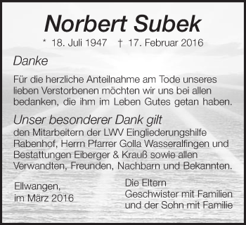 Traueranzeige von Norbert Subek von Schwäbische Post