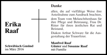 Traueranzeige von Erika Raaf von Gmünder Tagespost