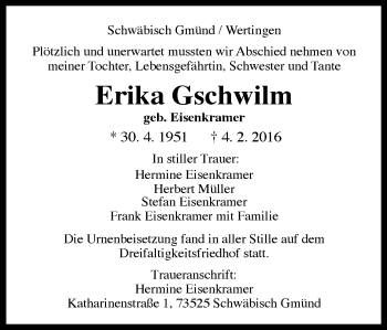 Traueranzeige von Erika Gschwilm von Gmünder Tagespost