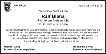 Traueranzeige von Ralf Blaha von Schwäbische Post