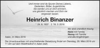 Traueranzeige von Heinrich Binanzer von Schwäbische Post