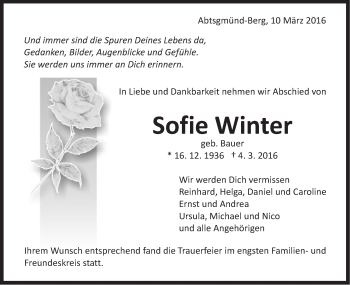 Traueranzeige von Sofie Winter von Schwäbische Post