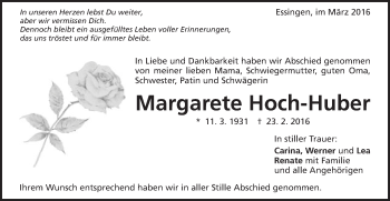 Traueranzeige von Margarete Hoch-Huber von Schwäbische Post