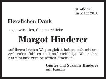 Traueranzeige von Margot Hinderer von Gmünder Tagespost