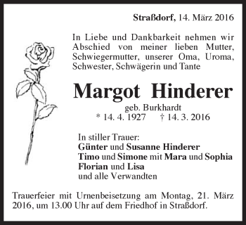 Traueranzeige von Margot Hinderer von Gmünder Tagespost