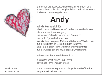 Traueranzeige von Andy Herzer von Gmünder Tagespost