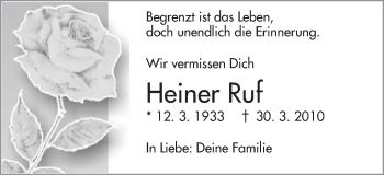 Traueranzeige von Heiner Ruf von Schwäbische Post