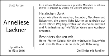 Traueranzeige von Anneliese Lackner von Gmünder Tagespost