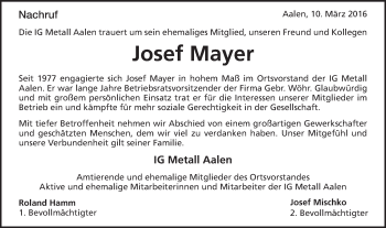 Traueranzeige von Josef Mayer von Schwäbische Post