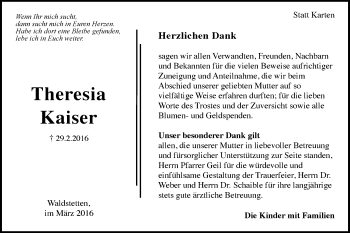 Traueranzeige von Theresia Kaiser von Gmünder Tagespost