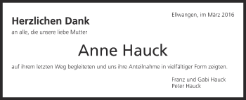 Traueranzeige von Anne Hauck von Schwäbische Post
